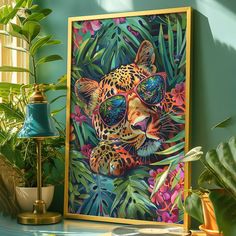 a painting of a leopard with sunglasses on it's face in front of plants