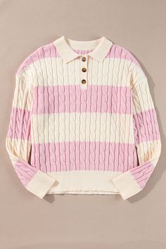 Crafted with a comfy cable knit design, our Pink Stripe Collared Henley Sweater is the perfect blend of style and comfort. Featuring a trendy pink stripe pattern and a chic collared neckline, this sweater is a must-have for any fashion-forward individual. Stay cozy and stylish all season long with this versatile piece. Size Chart (CM) Sizes Bust Hem_Width Shoulder Sleeve_Length Length Relax Relax Relax Relax Relax S 108 94 58 51 60 M 114 100 61 51 62 L 120 106 64 51 64 XL 128 114 68 51 66 Elasti Pearl Bridesmaid Jewelry, Beach Jewelry Boho, Kimono Blouse, Henley Sweater, Plus Size Outerwear, Swimwear Tankini, Dress Clip, Stay Cozy, Striped Sweater