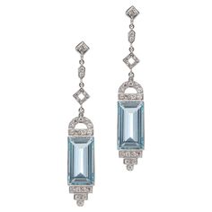 Art Deco 850. Platinum pair of A dangle earrings with Aquamarines and Diamonds. Made in Europe, Ca. 1930's X-Ray tested positive for 850. Platinum. * Please note: customs and import charges may apply for international buyers, bidders are responsible for any customs duties fees. Dimensions - Length x width x depth: 5.5 x 1 x 0.7 cm Weight: 9.00 grams Aquamarines - Quantity: 2 Cut: Elongated Step - cut Approx. Carat weight: 2 x 11.00 carats Total carat weight: 22.00 carats in total Diamonds - Cut: 1930s Earrings, Art Deco Star, Gold Art Deco Earrings, Bijoux Art Deco, Art Deco Jewellery, Zircon Earrings, Aquamarine Earrings, Authentic Jewelry, Earrings Diamond