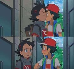 two anime characters kissing each other in front of a building with the caption'es para reforar la amistada sattochita?