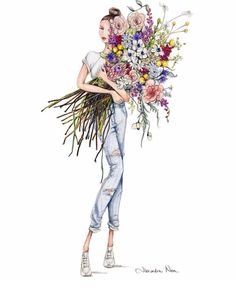 a watercolor drawing of a woman holding flowers