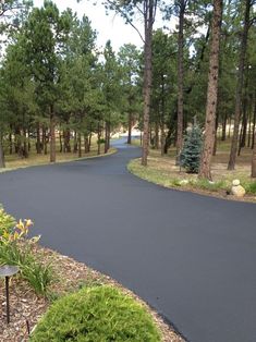 a paved road in the middle of a wooded area with flowers and trees on either side