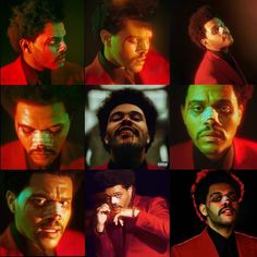 multiple images of different people with their faces painted red and green, including one man in a suit