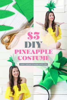 a woman wearing a pineapple costume with text overlay that reads, $ 5 diy pineapple costume