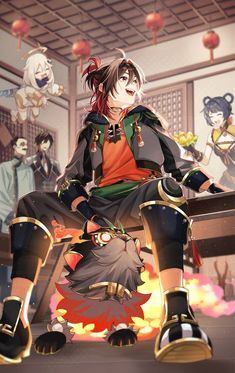 an anime character sitting on top of a bench with other characters behind her in the background