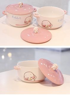 two pictures of pink dishes with cartoon animals on the lids and one has a white cat in it