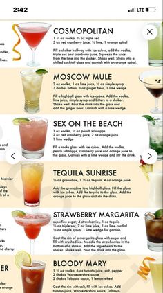 the different types of cocktails are shown in this info sheet for each type of drink