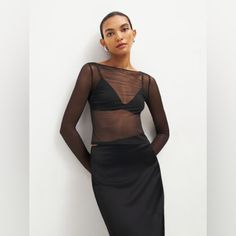 Nwt! Reformation Emilea Sheer Knit Top Chic Fine Knit Party Top, Chic Party Fine Knit Tops, Chic Evening Mesh Top For Fall, Black Fine Knit Top For Evening, Sheer Sleeve Tops For Evening In Winter, Elegant Winter Mesh Top, Black Mesh Top For Layering In Winter, Chic Fine Knit Mesh Top For Layering, Black Sheer Tops For Evening