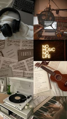 a collage of music related items including headphones, an electronic keyboard and a record player