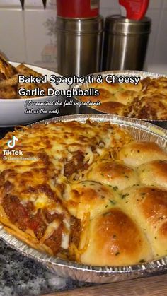 baked spaghetti and cheesy garlic doughballs recipe with text overlay that reads baked spaghetti and cheesy garlic dough balls recipe