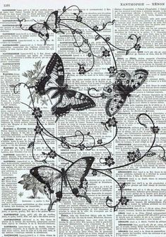 three butterflies on an old book page with vines and flowers in the middle, surrounded by words