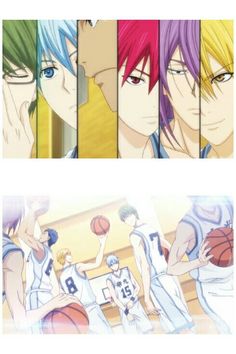 four anime characters with different colored hair, one is holding a basketball and the other has blue