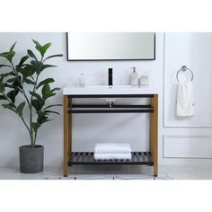 a bathroom with a sink and mirror next to a potted plant on the floor