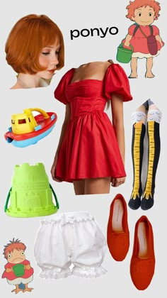 a woman in red dress with various items including shoes, socks and other things to wear