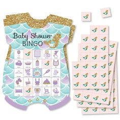 a baby shower game with mermaids on it and gold sequins in the background