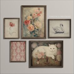 four framed pictures with flowers and a white cat