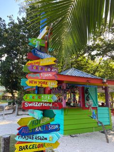 a sign post with many different signs on it's side and palm tree in the background