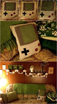 crocheted pillows and blankets made to look like minecraft creeper quilts