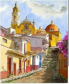 a painting of an old town with stairs leading up to the church and yellow buildings