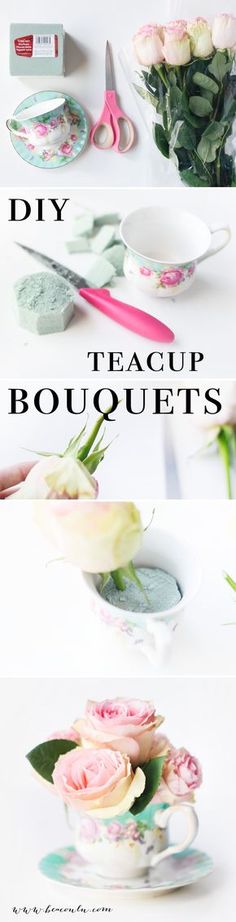 the instructions for how to make diy teacup bouquets with flowers in them