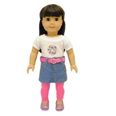 a doll with black hair wearing a white t - shirt and pink tights, standing in front of a white background