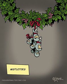 a cartoon christmas ornament with bells hanging from it's side and the word mistletoes written below