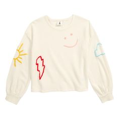 Embroidered Patches Stand Out In Eye-Catching Colors On This Soft Cotton Sweatshirt. - 100% Cotton - Size: 2 - Color: Cream - Sweatshirt - Embroidered This Stem Embroidered Sweatshirt Comes New Without Tags Attached & Comes From A Pet/Smoke Free Home. Casual Embroidered Long Sleeve Tops, Cute Cream Relaxed Fit Top, Trendy Embroidered Graphics Tops For Fall, Cream Embroidered Cotton Tops, Cute Cream Crew Neck Top, Playful Long Sleeve Cream Tops, Trendy Long Sleeve Top With Embroidered Graphics, Cream Embroidered Long Sleeve Tops, Cute Embroidered Relaxed Fit Tops