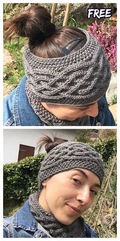 two pictures of a woman wearing a knitted headband