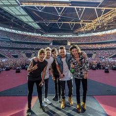 one direction band members pose for a photo in front of the crowd at a concert