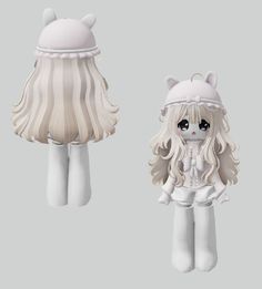 two white dolls with long hair and cat ears on their heads, one is wearing a hat