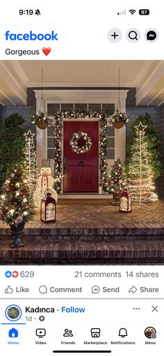 the front porch is decorated for christmas with wreaths and lights on it, along with decorations