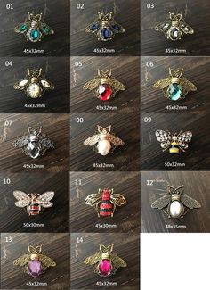 a bunch of different types of bee brooches