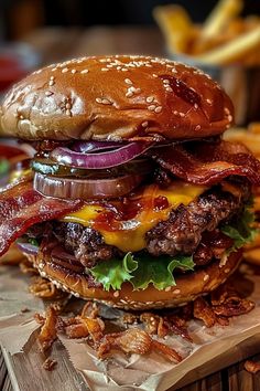 a bacon cheeseburger on a wooden cutting board with french fries in the background