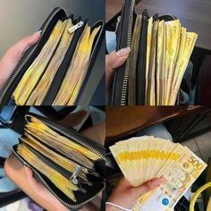 two pictures showing the inside of a wallet with money sticking out of it's zipper