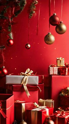 christmas presents under the tree with red background