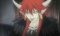 an anime character with long red hair and horns on his head is staring at the camera