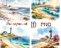 four watercolor paintings of lighthouses on the shore and in the ocean with words tranpaunt 10 png