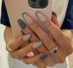 Blue coffin shaped acrylic nails with blue French tips on both the middle and pointer finger. Perfect for summer! Short Acrylic Nail Ideas, Nails Short Acrylic, Acrylic Nails Short, Nail Ideas Acrylic, Ballerina Nails Designs, Acrylic Nail Designs Coffin, Coffin Acrylic Nails, Acrylic Nails Designs, Acrylic Nail Ideas