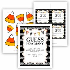 three cards with candy corn on them and the words guess how many? in black and white