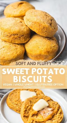 sweet potato biscuits on a white plate with text overlay that reads soft and fluffy sweet potato biscuits vegan, whole wheat, gluten free option