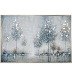 a painting with trees and water in the foreground, on a white wall background