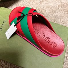 Women’s Gucci Rubber Open-Toe Criss Cross Slides. They’re All Rubber And Very Comfortable. Great For Someone With High Arched Or Wider Feet. Green Gucci Sandals For Summer, Casual Red Gucci Sandals, Designer Gucci Slides With Rubber Sole, Gucci Open Toe Slides With Rubber Sole, Red Gucci Sandals For The Beach, Green Flat Gucci Sandals, Gucci Green Summer Sandals, Casual Red Gucci Slides, Gucci Green Flat Sandals