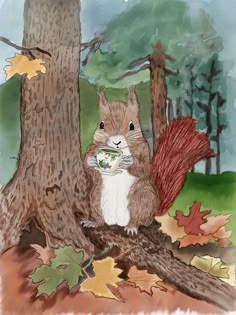 a painting of a squirrel holding a coffee cup in its paws while standing next to a tree