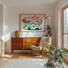 a living room with a coffee advertisement on the wall