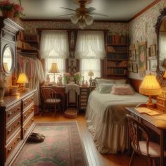 a bedroom with a bed, desk and two lamps on either side of the window