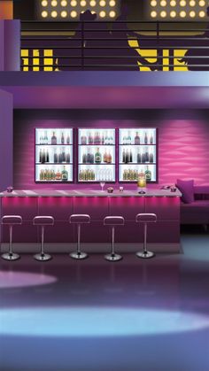 a purple bar with stools in front of it