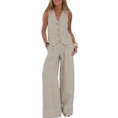 PRICES MAY VARY. ღ Material: Women sleeveless suits 2 piece made of 100% cotton linen, soft and skin-friendly, lightweight and breathable, comfortable to wear, you'll love the feeling of wearing this tank top and pants two piece set. ღ Features: Casual blazer 2 piece outfits for women, sleeveless button vest, front button closure, v neck design, wide leg pants with pockets, high waist, elastic wasitband, straight leg, loose fit, two piece sleeveless vest set with simple and elegant design, showi Summer Vest, Sleeveless Suit, Patches Fashion, Traje Casual, Straight Trousers, Pantalon Large, Sleeveless Vest, Womens Casual Outfits, Look Chic