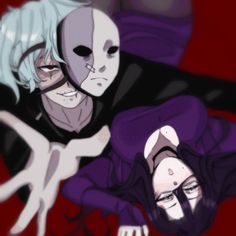 two people laying on top of each other with their eyes closed and one person wearing a mask