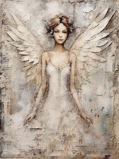 a painting of an angel with wings on it's chest and back, standing in front of a grungy background