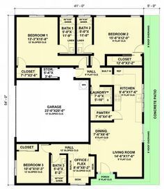 the floor plan for a house with three bedroom and two bathrooms, including an attached garage